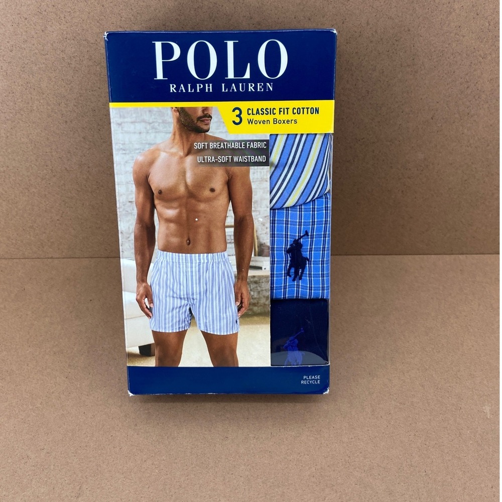 Polo Ralph Lauren Mens 3-Pack Classic Fit Cotton Woven Boxers Blue Medium NCWBP3